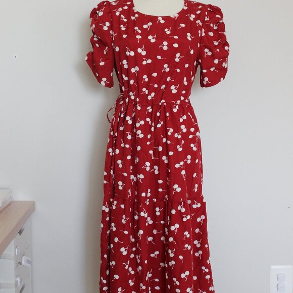 Dark Red Cherry Midi Dress - Picture 1 of 8